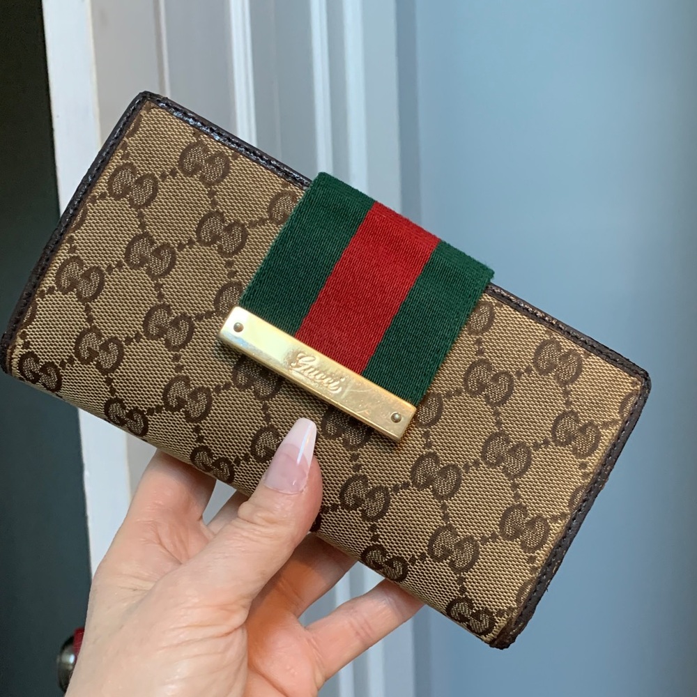 Gucci Brown/Tan Monogram Continental Wallet with Green and Red Web Stripe